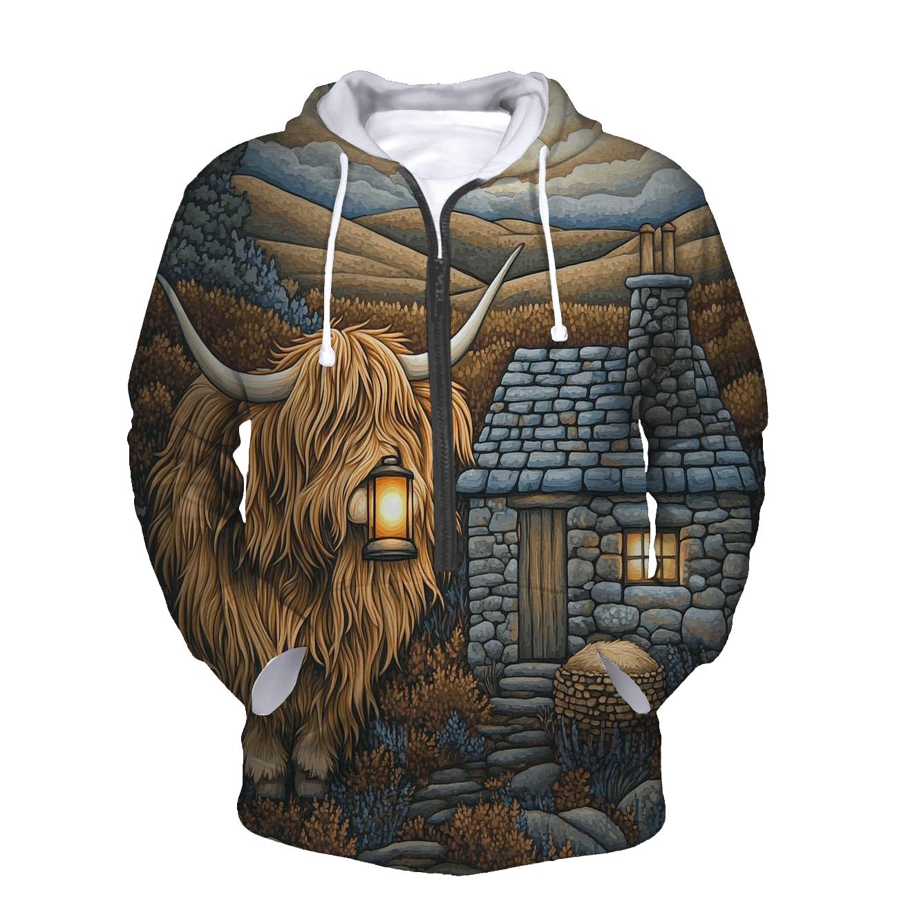 Highland Cow Lantern Keeper At The Bothy Door graphic hoodies