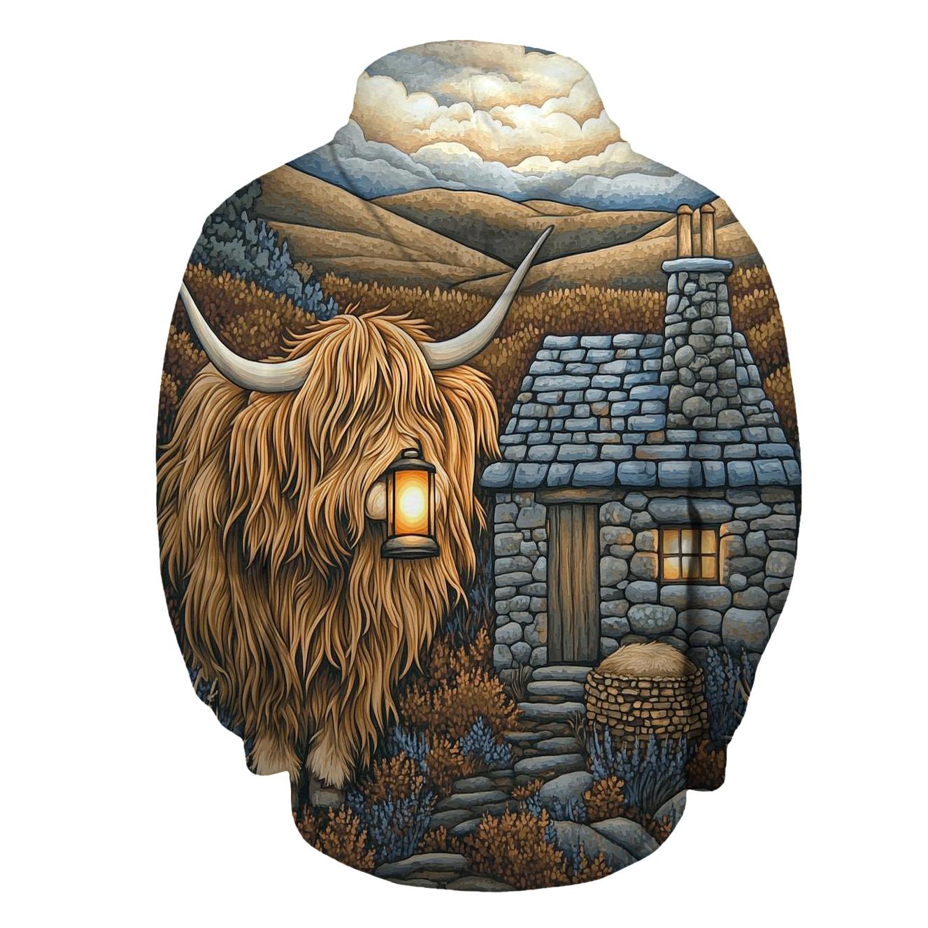 Highland Cow Lantern Keeper At The Bothy Door graphic hoodies