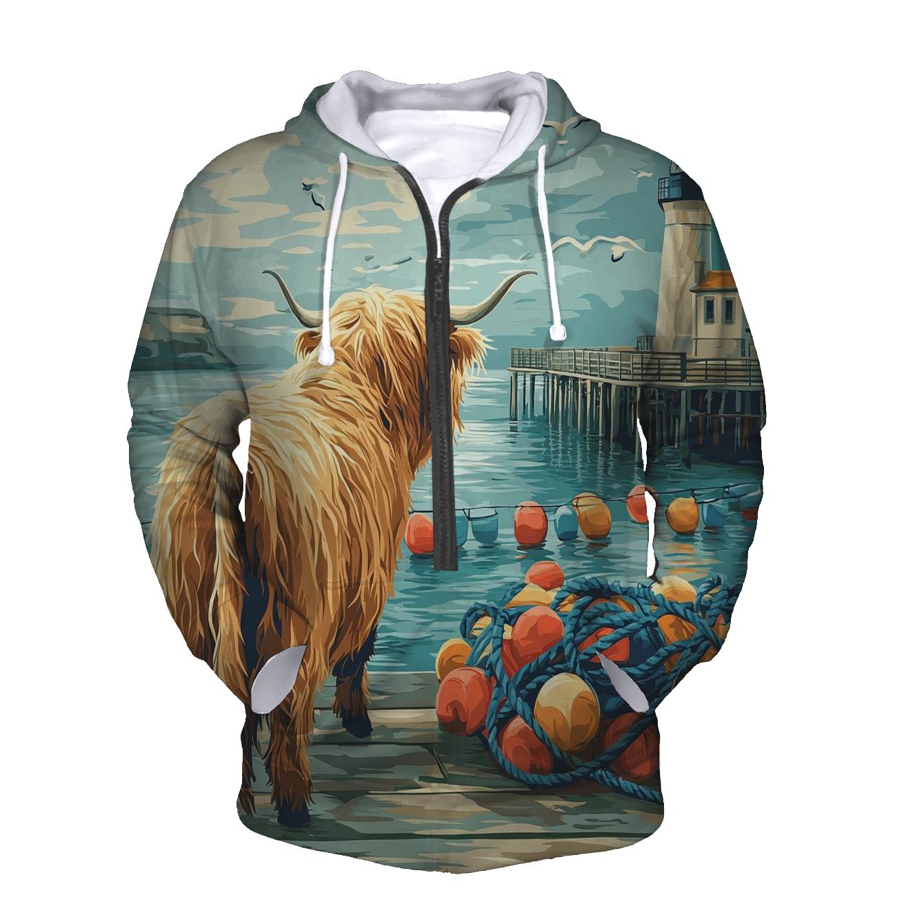 Highland Cow In Harbor Mist With Fishing Buoys custom hoodies