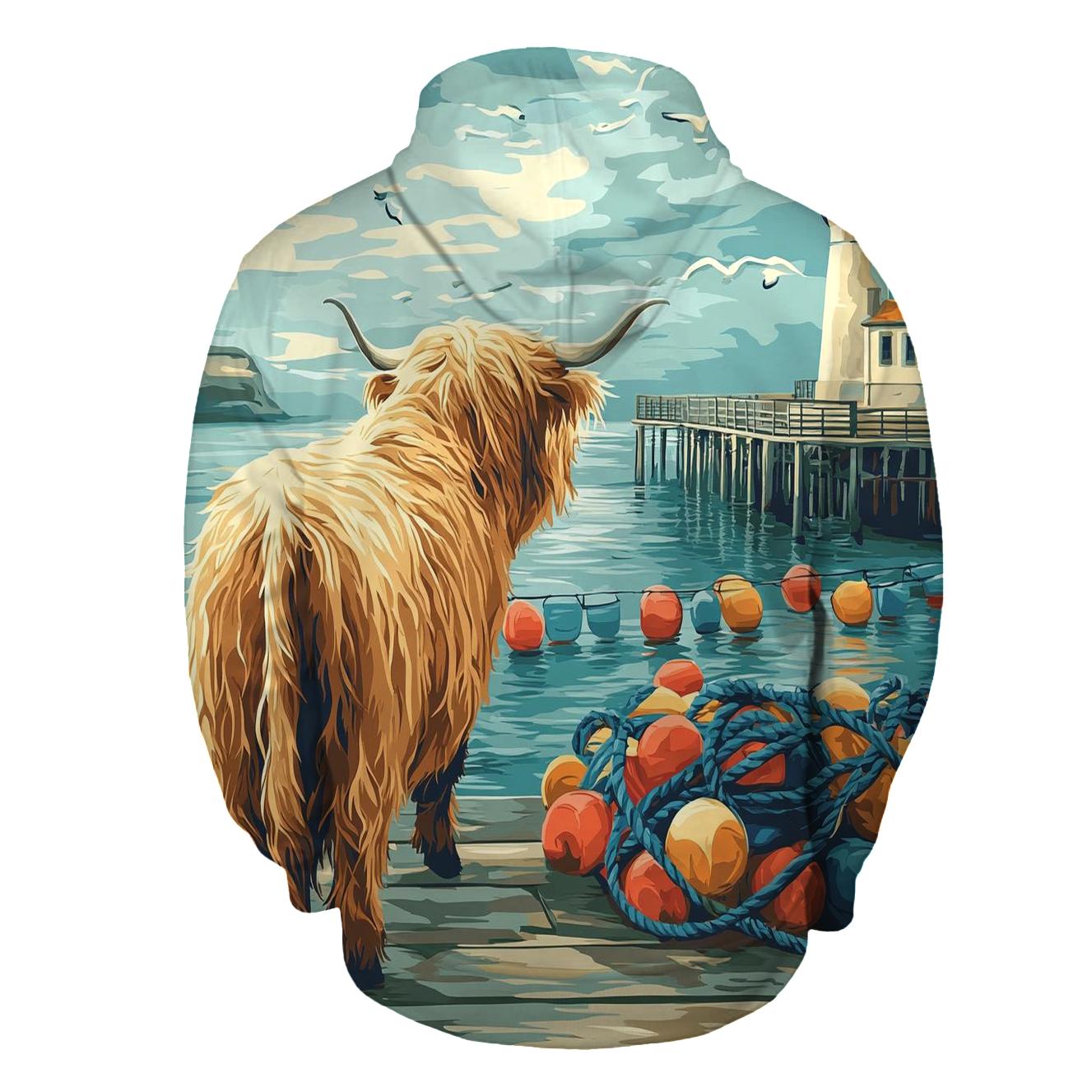 Highland Cow In Harbor Mist With Fishing Buoys custom hoodies