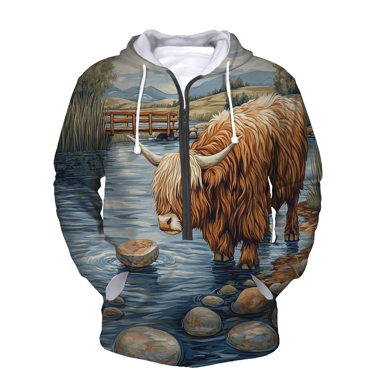 Highland Cow River Stone Skipping premium hoodies