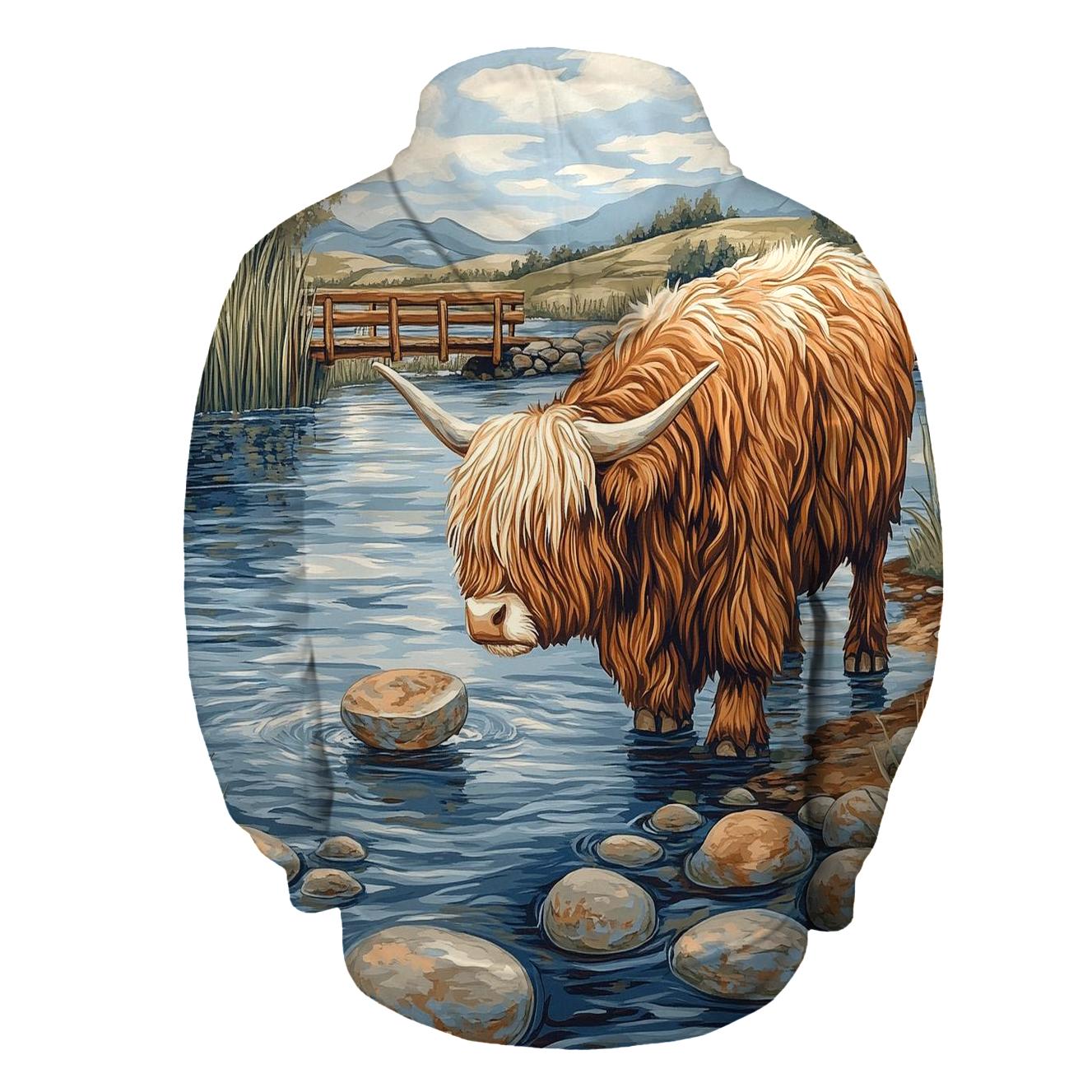 Highland Cow River Stone Skipping premium hoodies