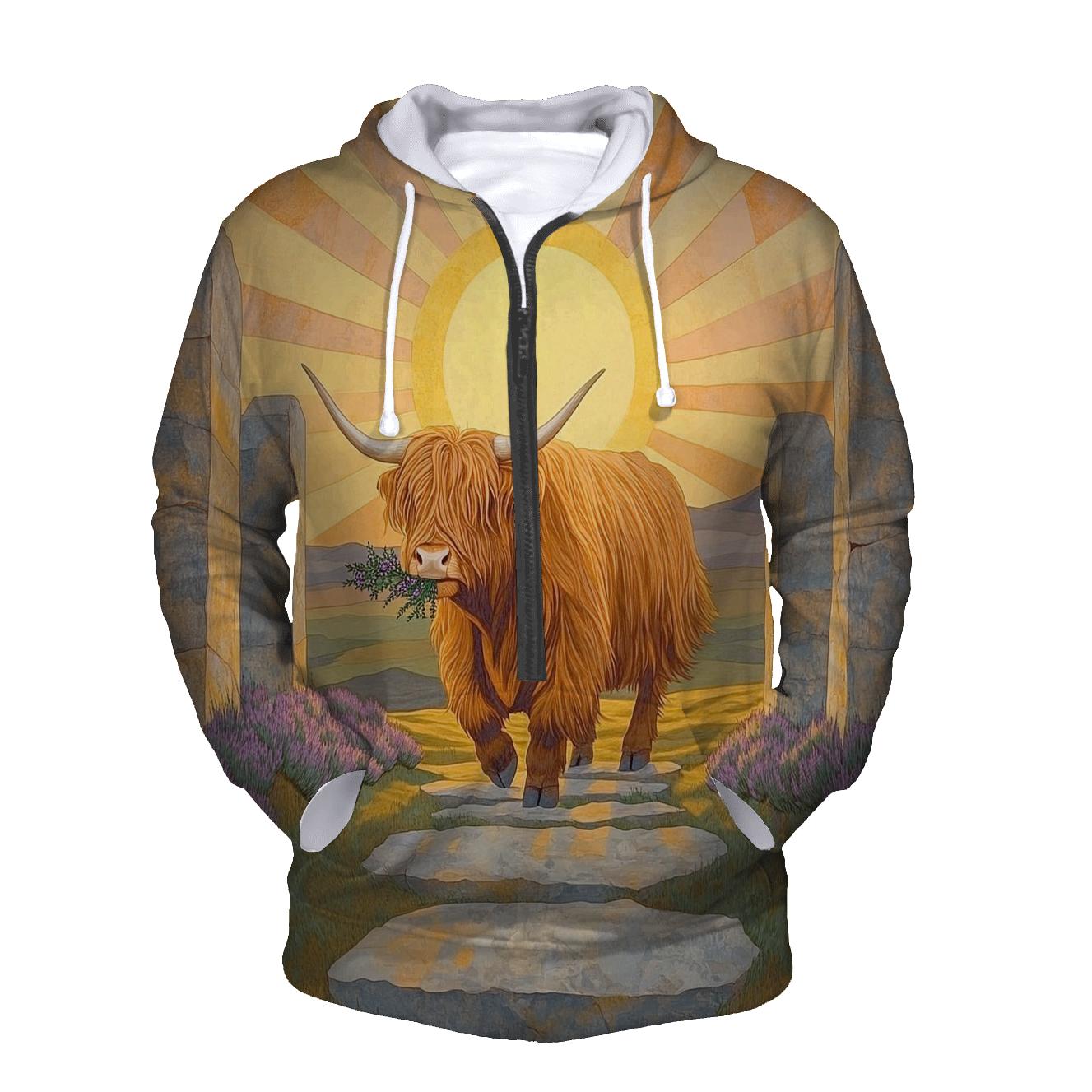 Highland Cow In The Standing Stones Sunrise embroidered hoodies