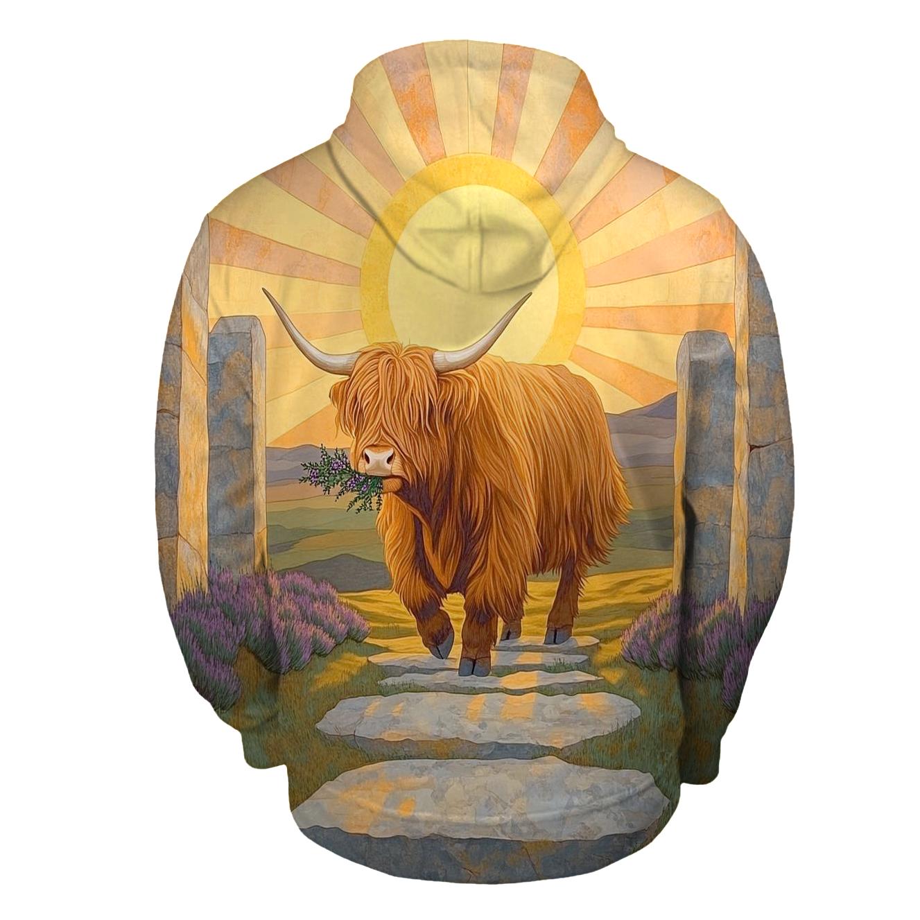 Highland Cow In The Standing Stones Sunrise embroidered hoodies