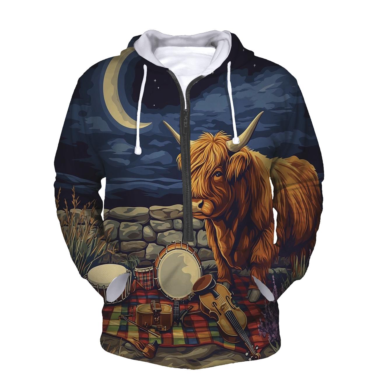 Highland Cow Music Session By The Stone Wall printed hoodies