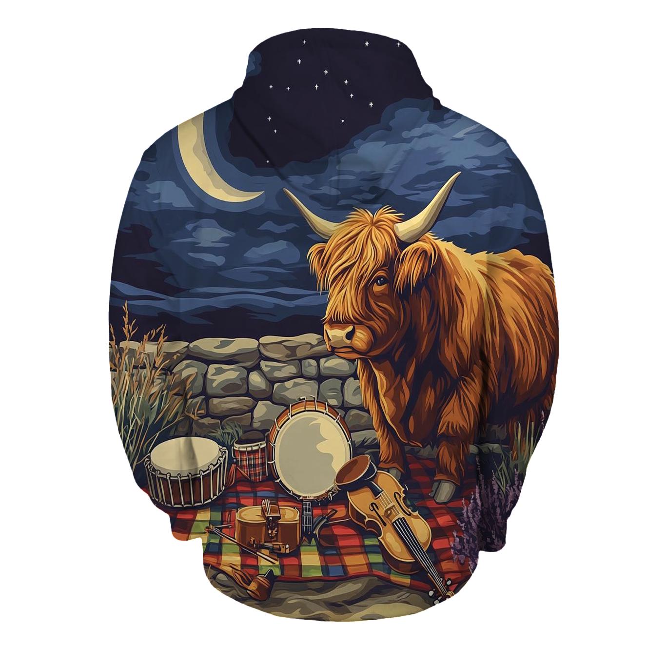 Highland Cow Music Session By The Stone Wall printed hoodies