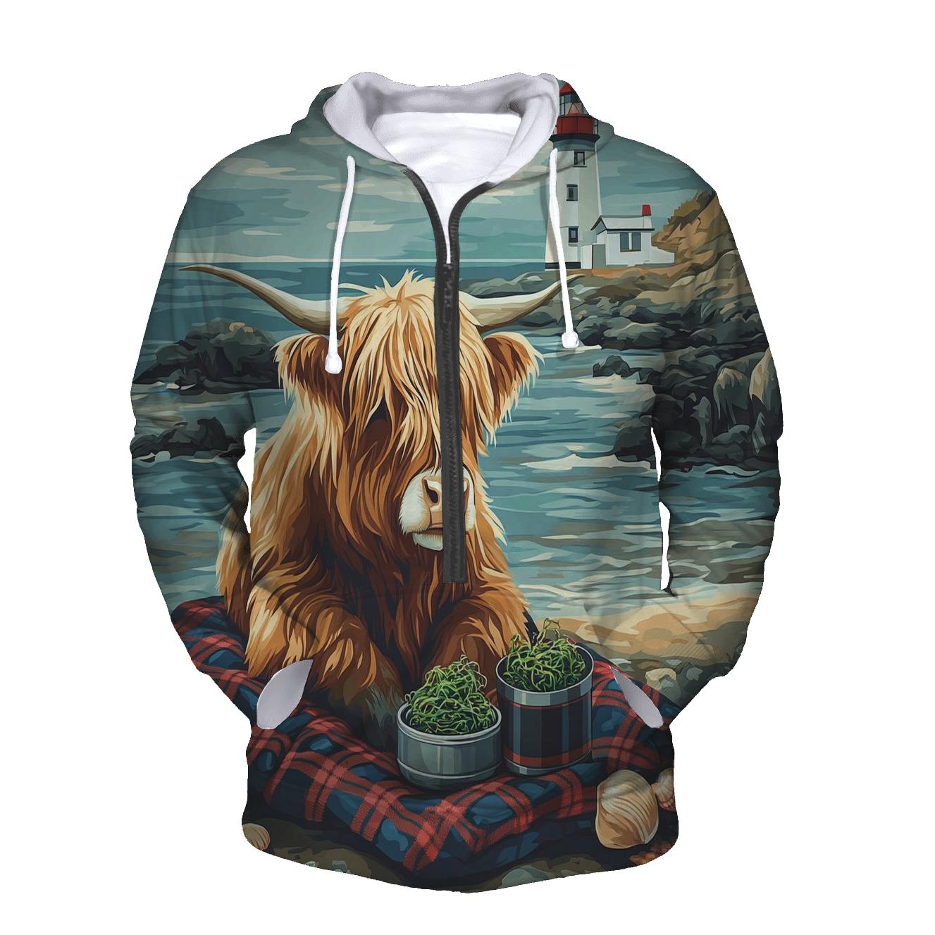 Highland Cow Lighthouse Picnic At Low Tide hoodie designs