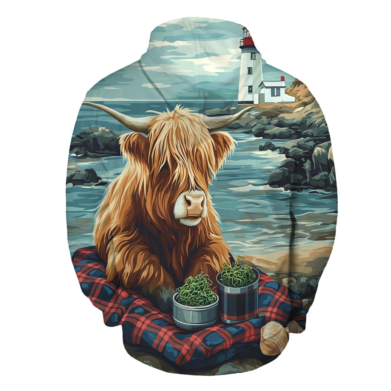 Highland Cow Lighthouse Picnic At Low Tide hoodie designs