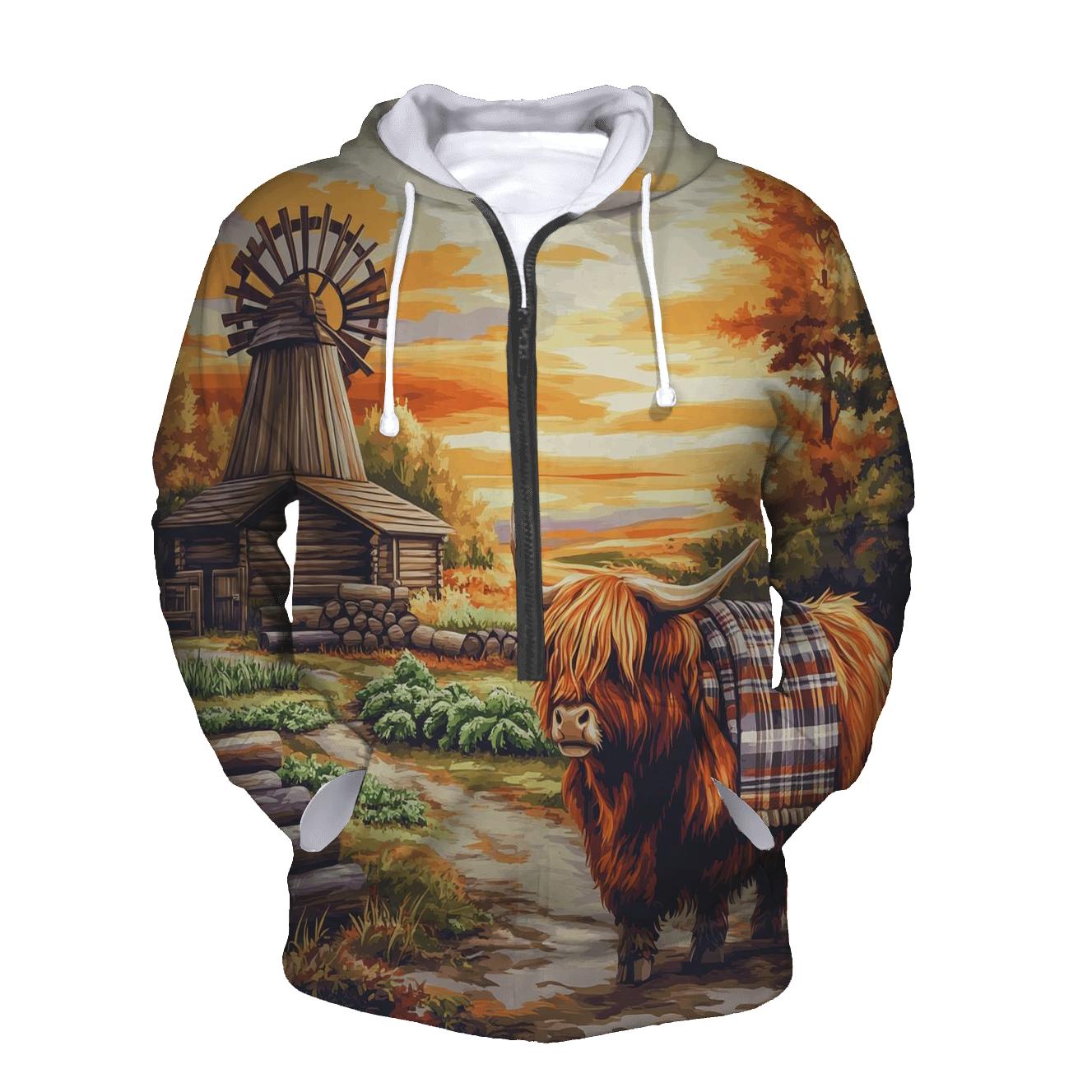 Highland Cow Windmill Croft Evening zip-up hoodies
