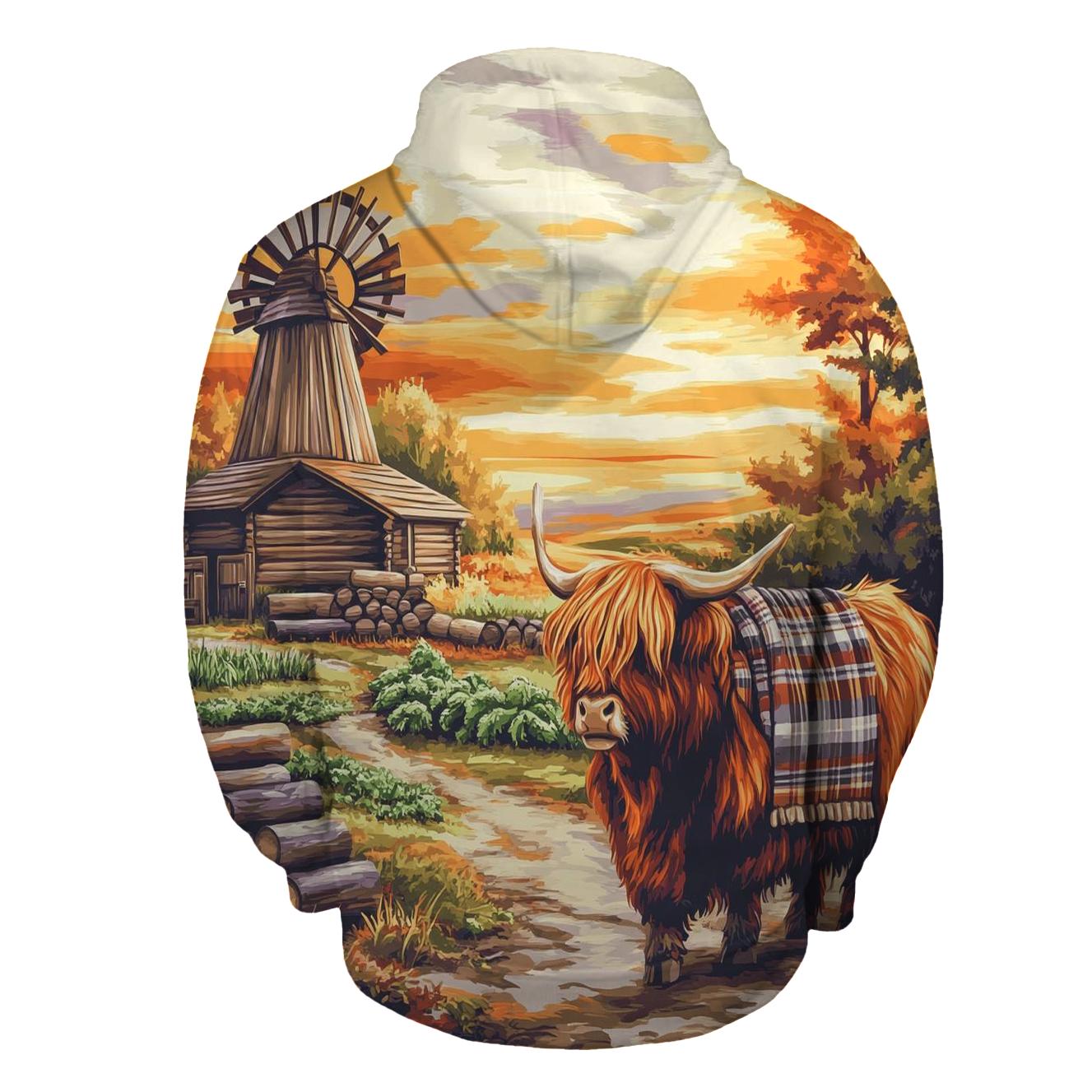 Highland Cow Windmill Croft Evening zip-up hoodies