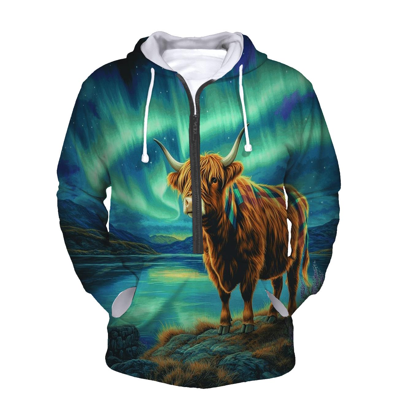 Highland Cow Under The Aurora Tartan Sky pullover hoodies