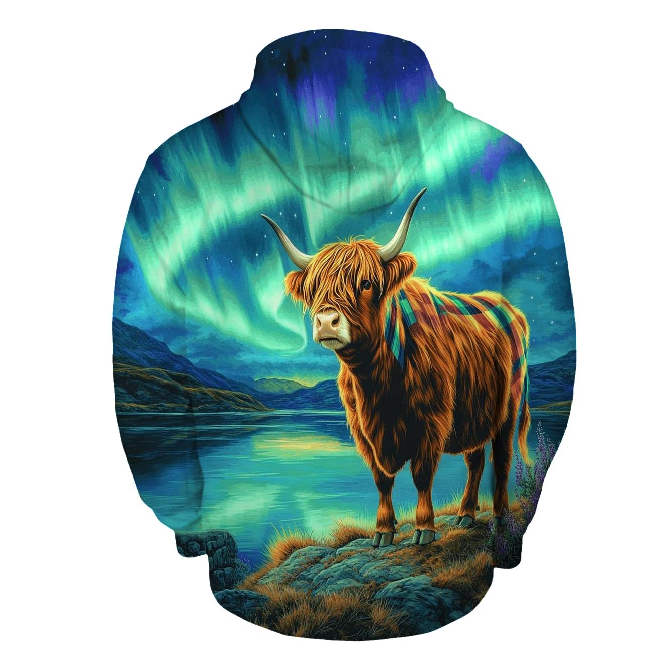 Highland Cow Under The Aurora Tartan Sky pullover hoodies