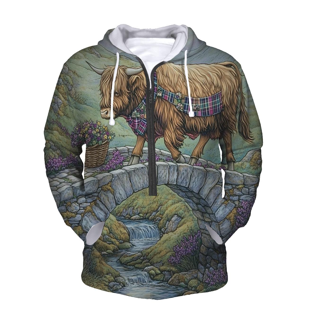 Highland Cow Bridge Crossing With Heather Steps lightweight hoodies