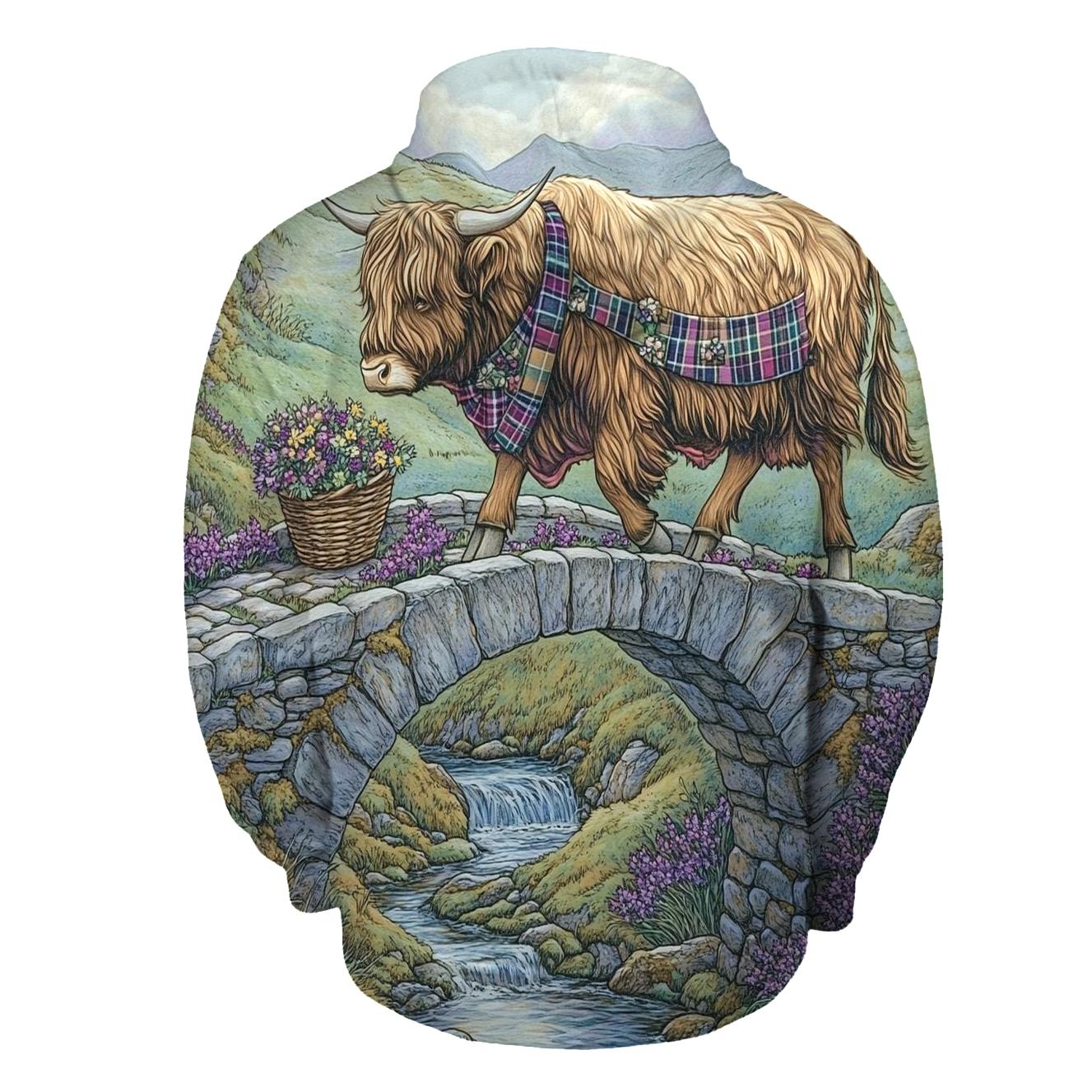Highland Cow Bridge Crossing With Heather Steps lightweight hoodies