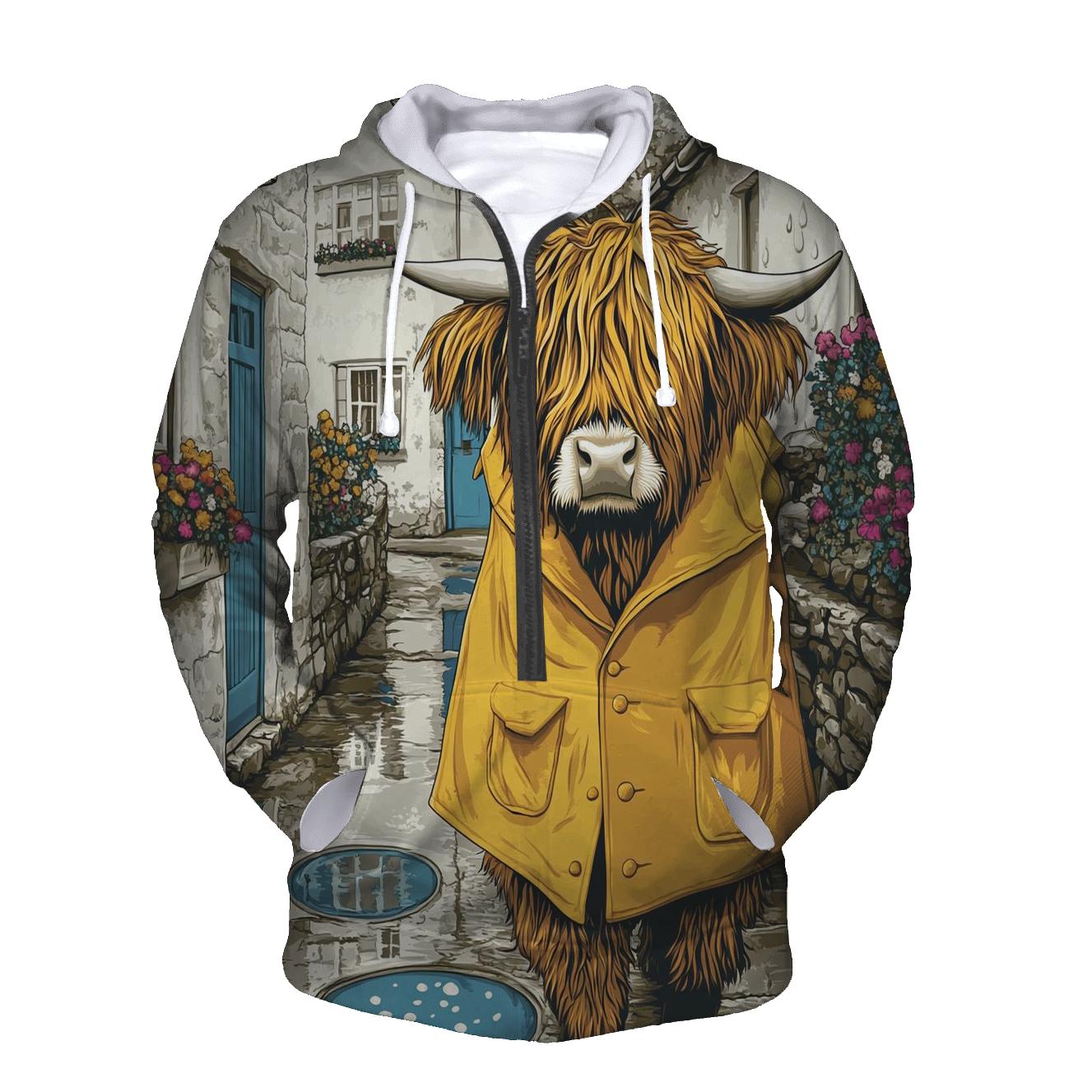 Highland Cow Raincoat Day In The Village Lane designer hoodies