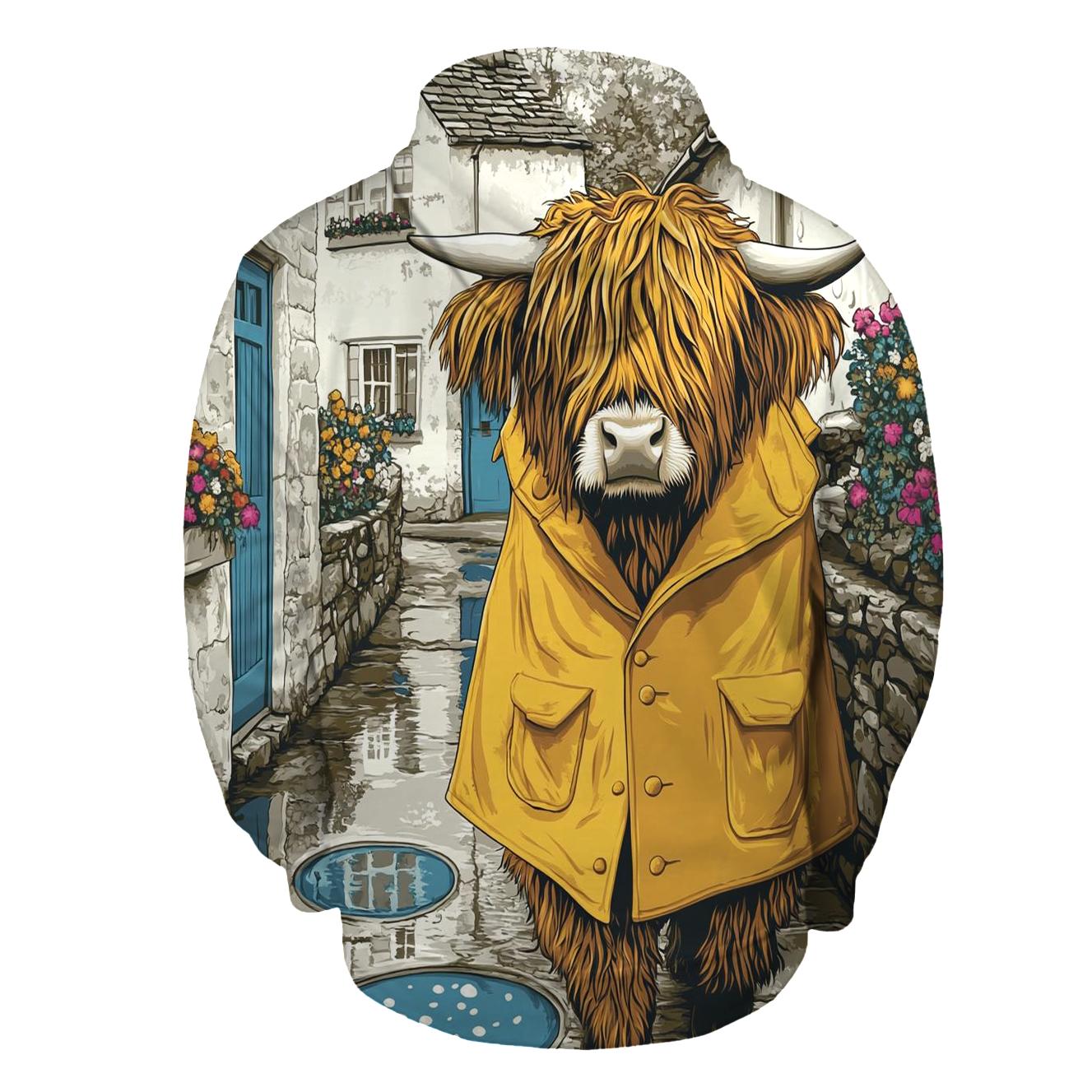 Highland Cow Raincoat Day In The Village Lane designer hoodies