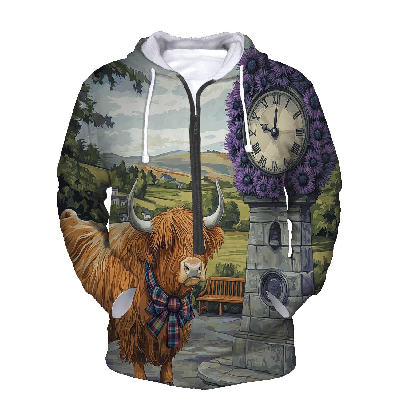 Highland Cow And The Thistle Clocktower embroidered hoodies