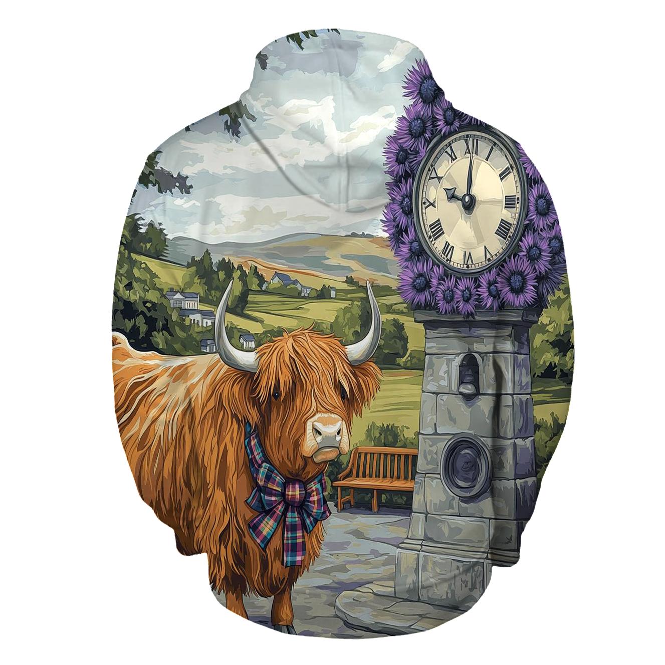 Highland Cow And The Thistle Clocktower embroidered hoodies