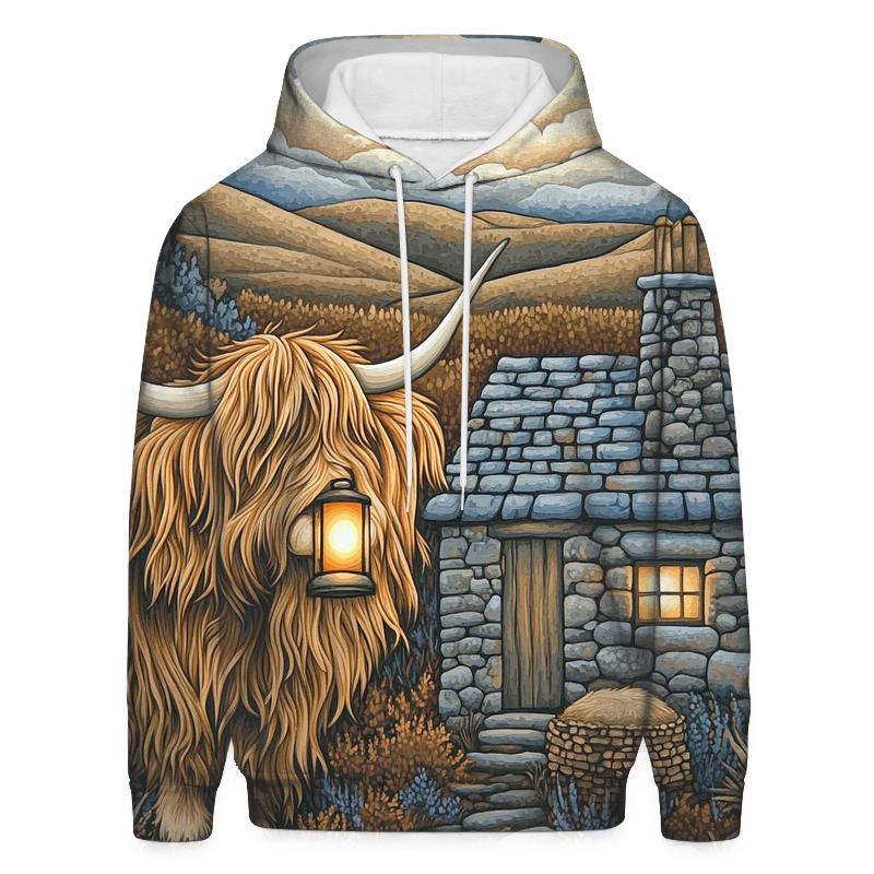 Highland Cow Lantern Keeper At The Bothy Door premium hoodies