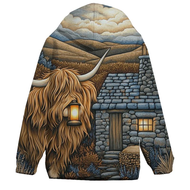 Highland Cow Lantern Keeper At The Bothy Door premium hoodies