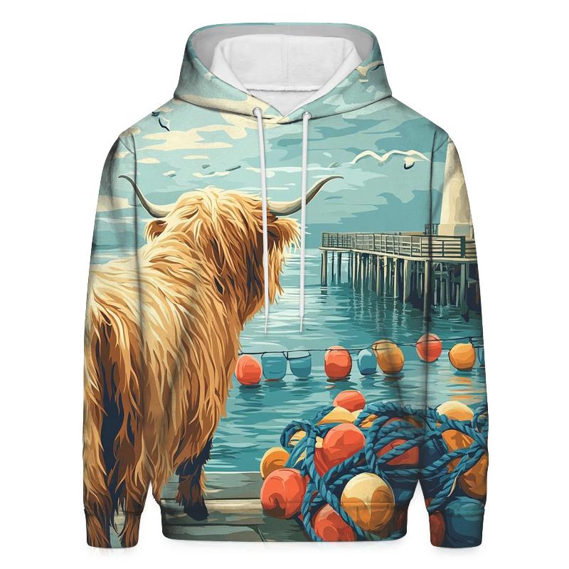 Highland Cow In Harbor Mist With Fishing Buoys hoodie styles