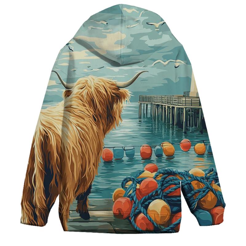 Highland Cow In Harbor Mist With Fishing Buoys hoodie styles