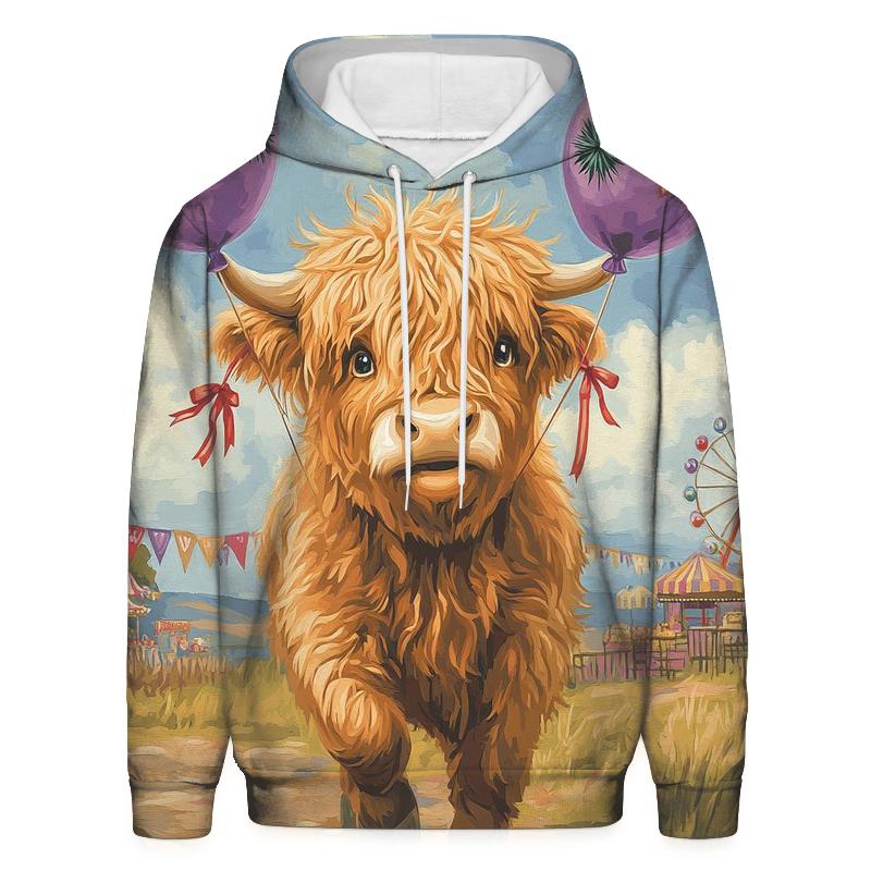 Highland Cow And The Floating Thistle Balloons embroidered hoodies