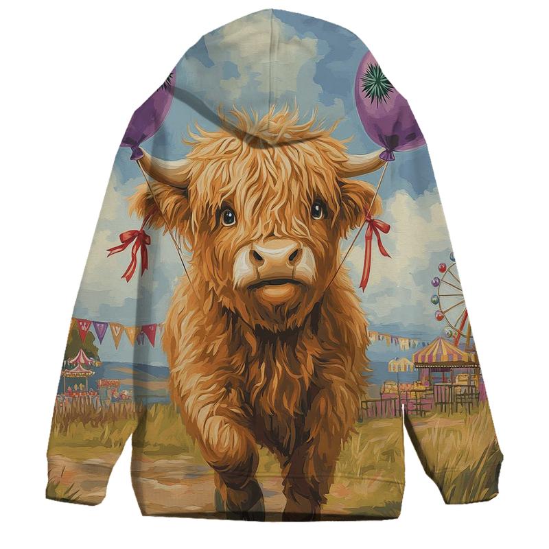 Highland Cow And The Floating Thistle Balloons embroidered hoodies