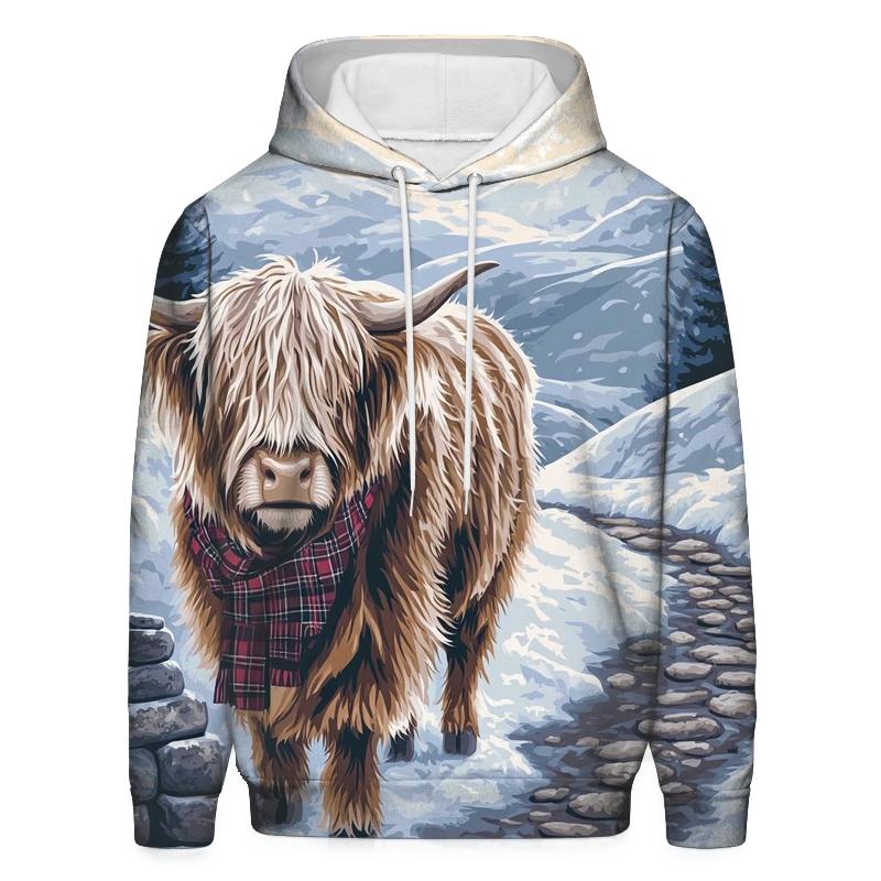 Snowy Cairn Trail Highland Cow Guide hoodies fashion