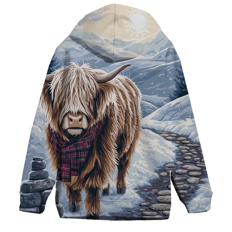 Snowy Cairn Trail Highland Cow Guide hoodies fashion