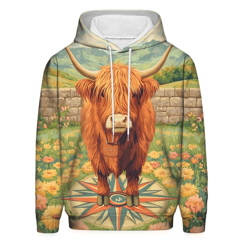 Highland Cow Compass Rose Meadow embroidered hoodies