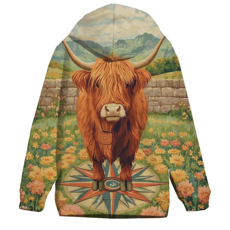 Highland Cow Compass Rose Meadow embroidered hoodies