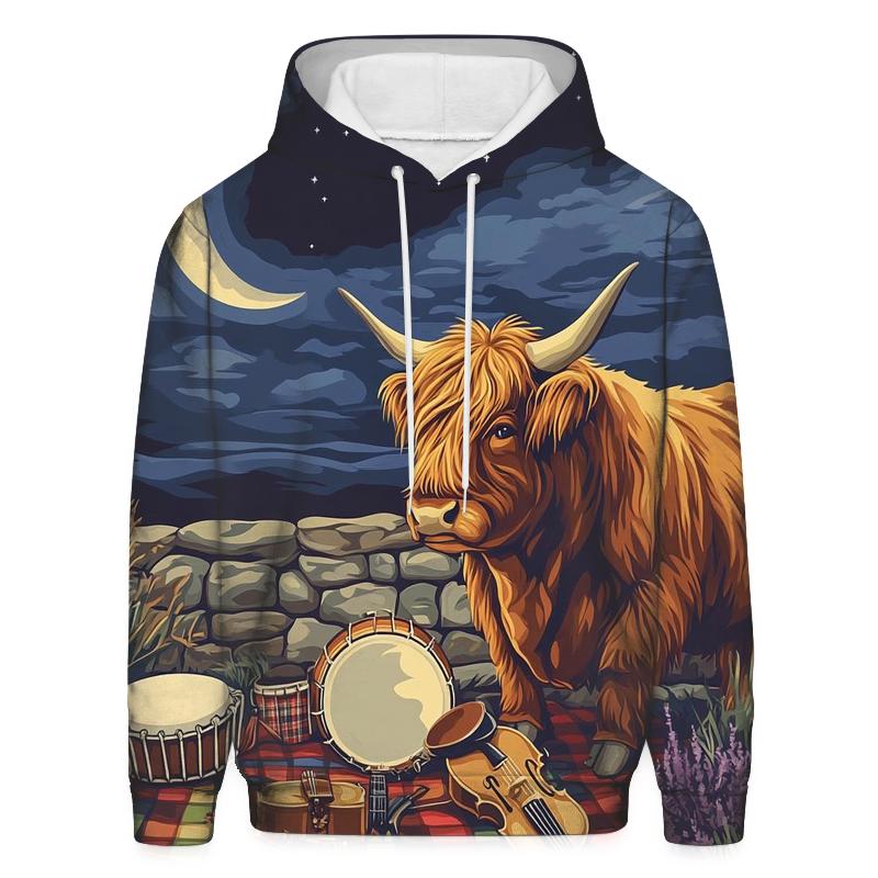 Highland Cow Music Session By The Stone Wall printed hoodies