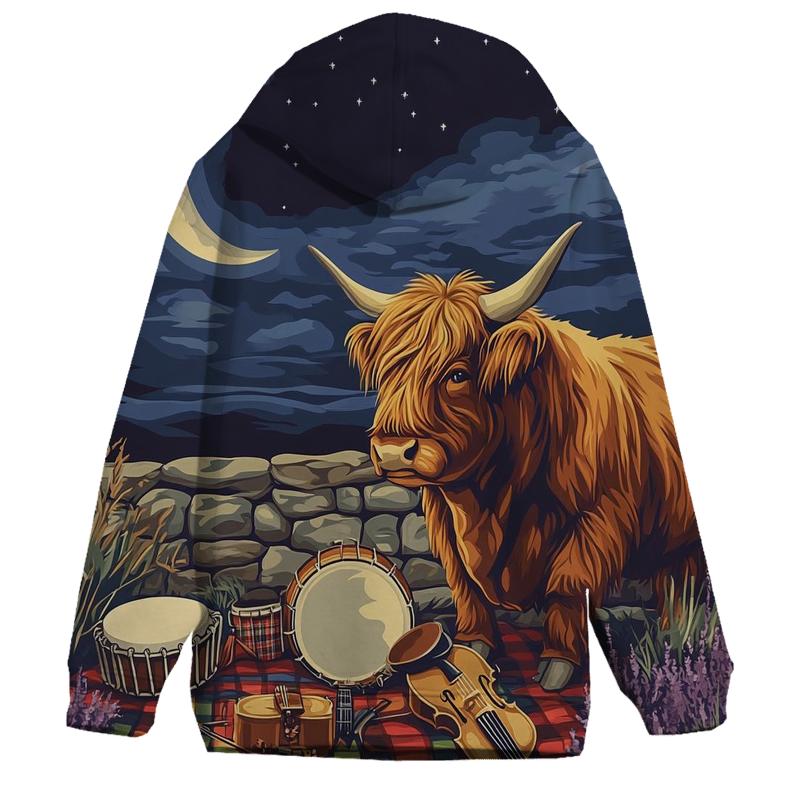 Highland Cow Music Session By The Stone Wall printed hoodies