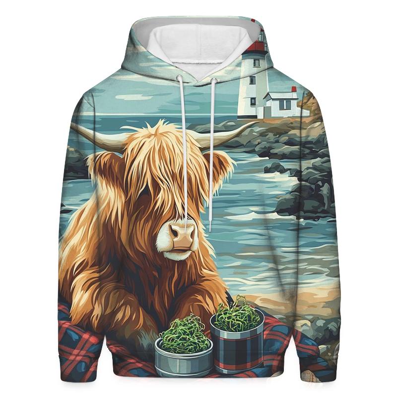 Highland Cow Lighthouse Picnic At Low Tide hoodie trends