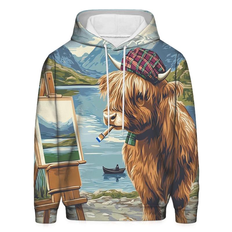 Highland Cow Postcard Painter Of The Loch embroidered hoodies