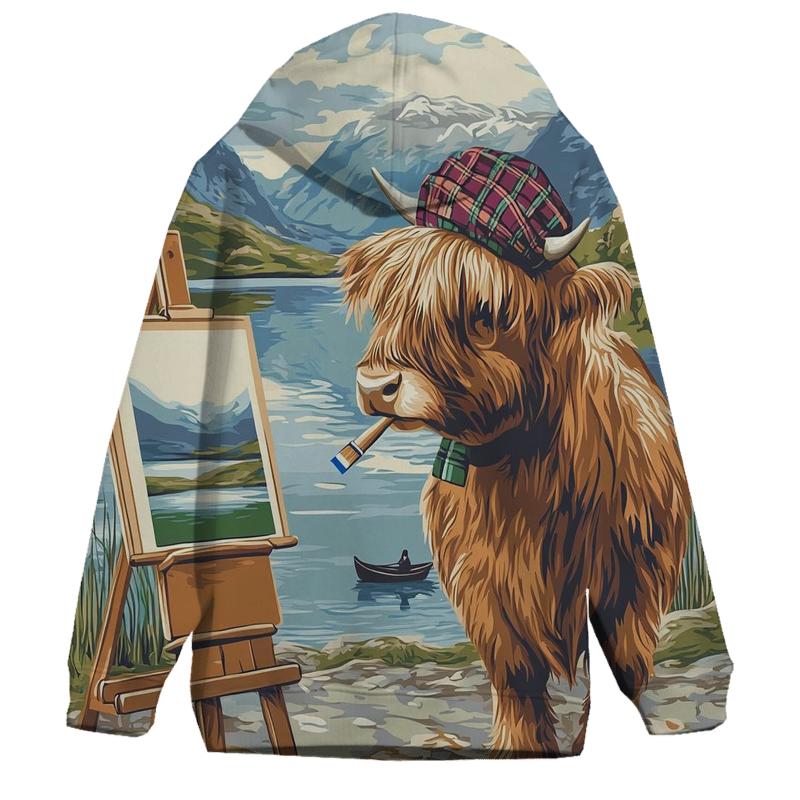 Highland Cow Postcard Painter Of The Loch embroidered hoodies