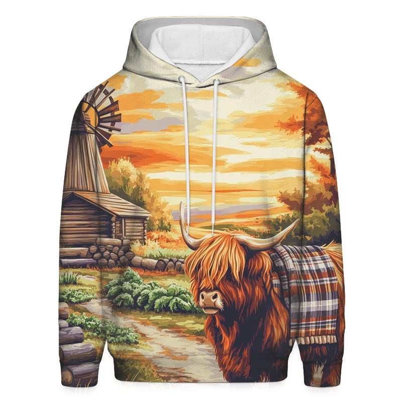 Highland Cow Windmill Croft Evening embroidered hoodies