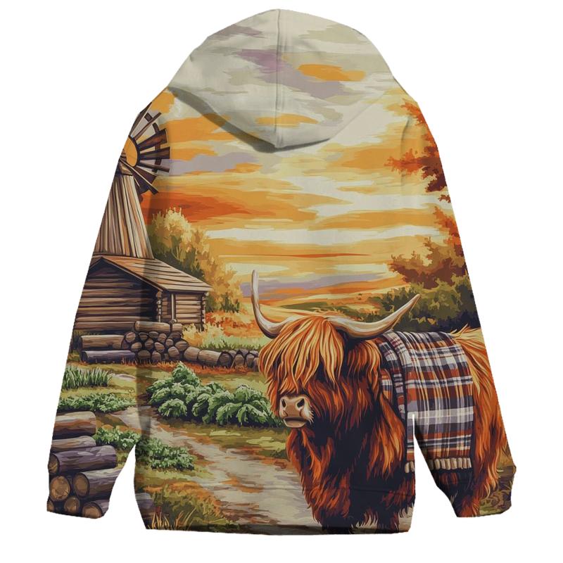 Highland Cow Windmill Croft Evening embroidered hoodies