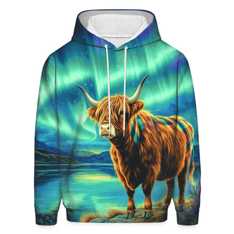Highland Cow Under The Aurora Tartan Sky hoodie trends