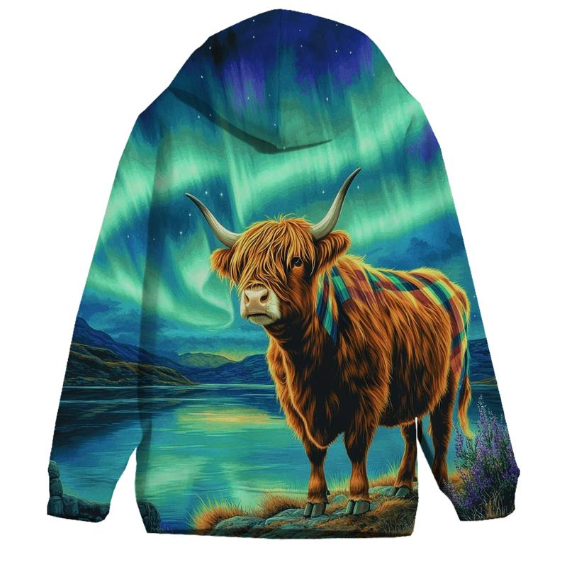 Highland Cow Under The Aurora Tartan Sky hoodie trends