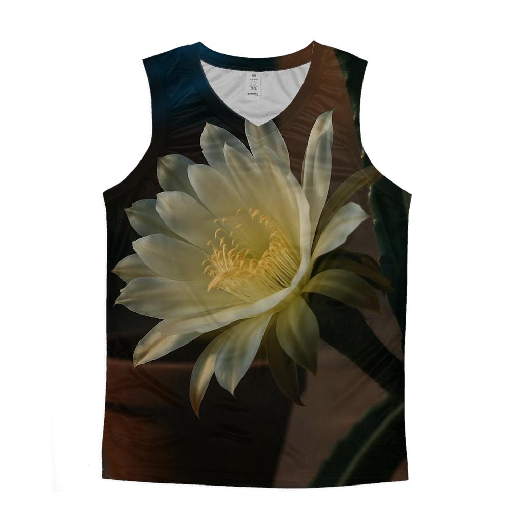 Night Blooming Cereus Opening On A Desert Patio trendy fitted tank tops