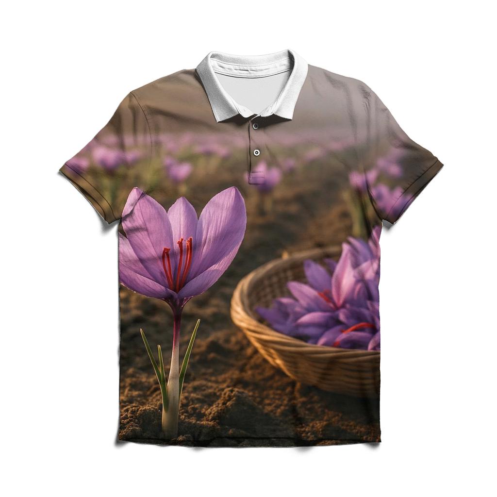 Saffron Crocus Harvest Threads In A Mountain Field branded logo polo shirts