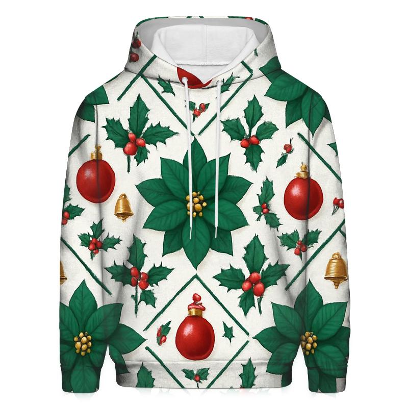 Emerald Poinsettia And Ornament Lattice On Snow White Background hoodie designs