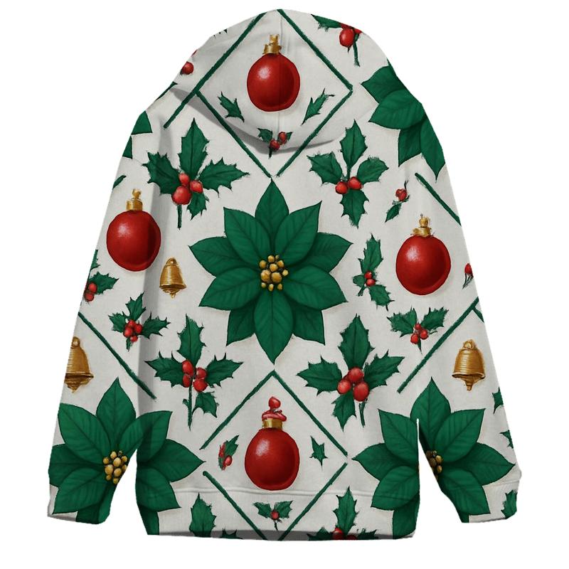 Emerald Poinsettia And Ornament Lattice On Snow White Background hoodie designs