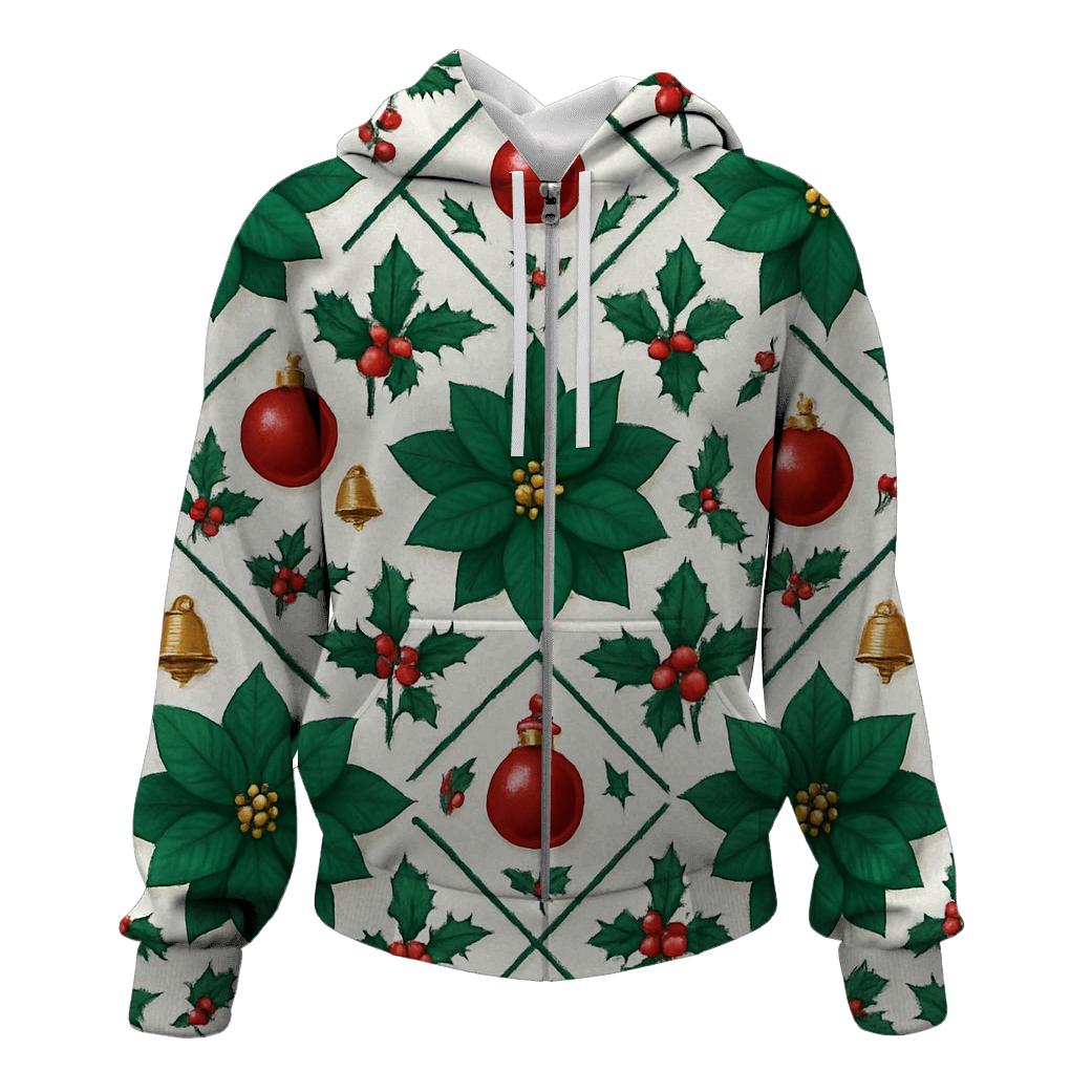 Emerald Poinsettia And Ornament Lattice On Snow White Background premium hoodies