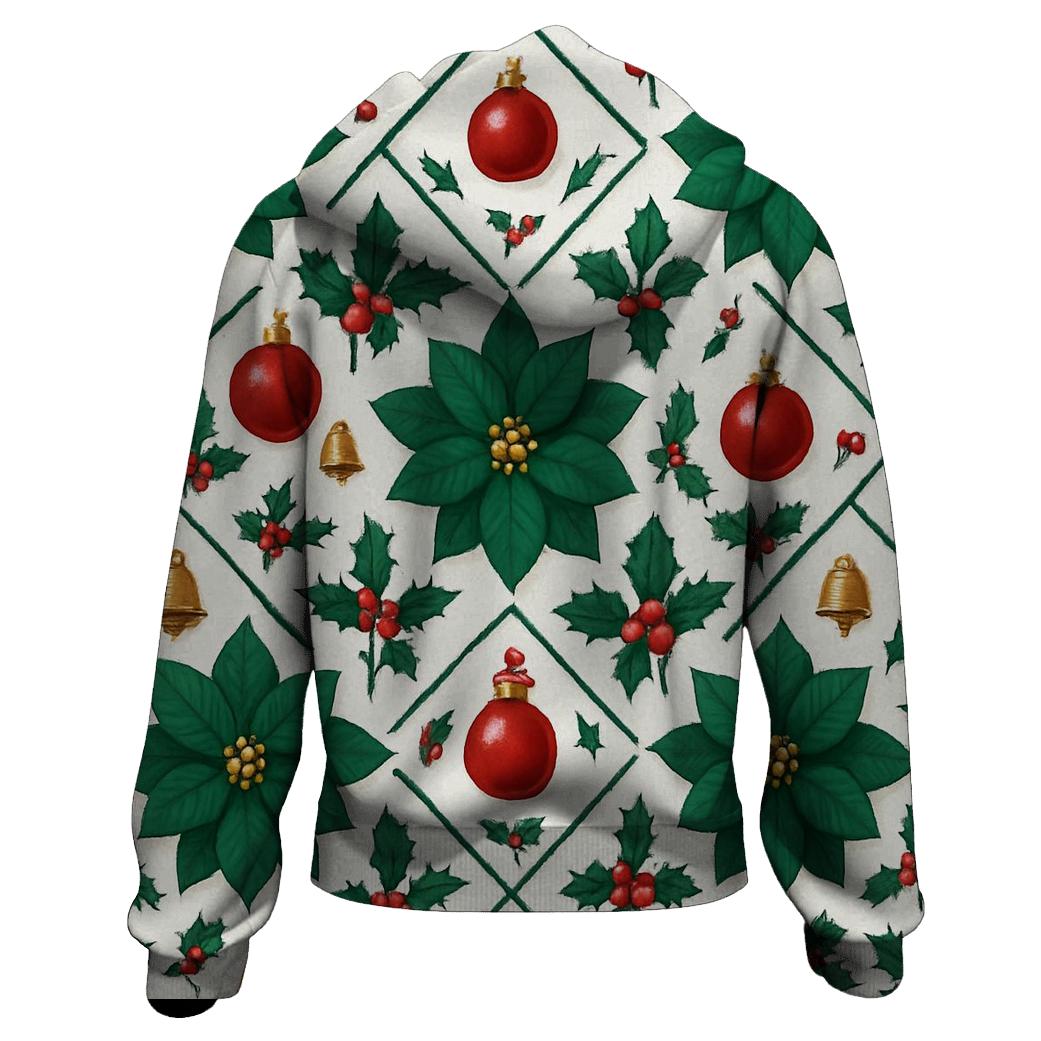 Emerald Poinsettia And Ornament Lattice On Snow White Background premium hoodies