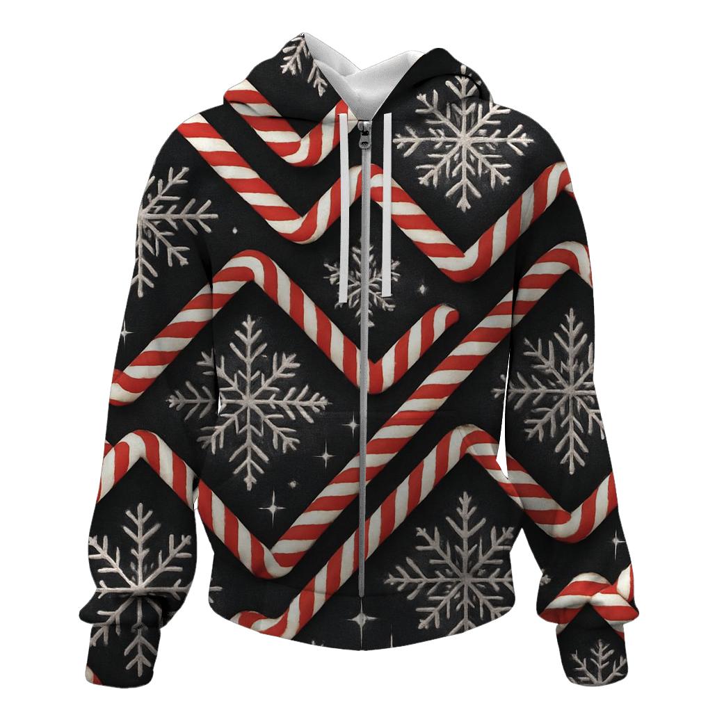 Midnight Snowflake And Candy Cane Chevron On Charcoal Background zip-up hoodies