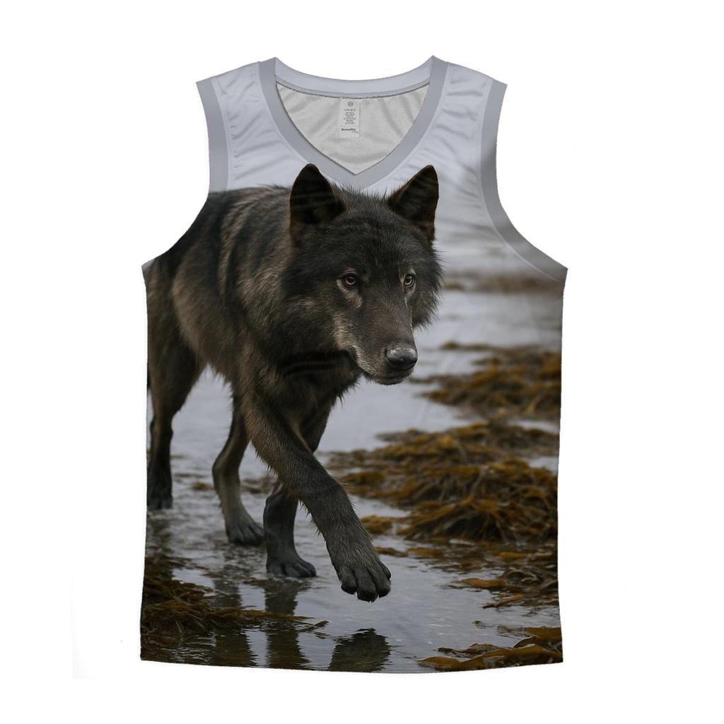 Coastal Wolf Foraging Among Kelp At Low Tide trendy fitted tank tops