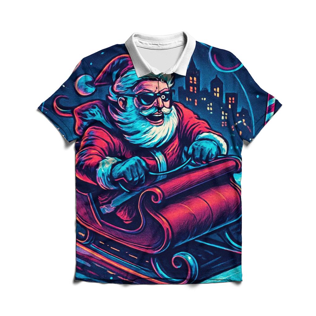 Neon Sleigh Drift Santa In Snowglobe City personalized polo shirts